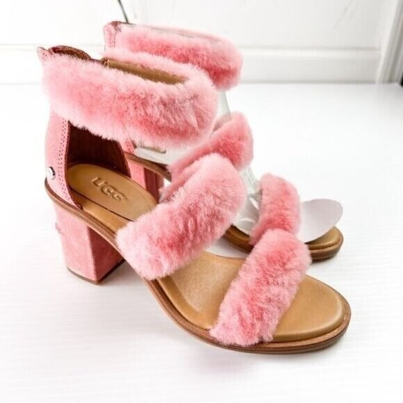 UGG sandals womens 6 Pink Del Rey Fluff Heel Open Toe Zip Closure - Picture 8 of 16